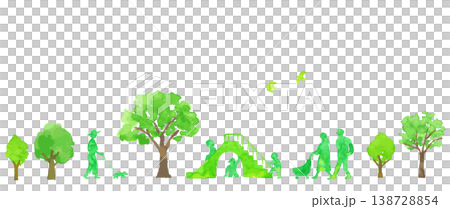 水彩画による公園の背景素材　緑の木々と人々　 138728854