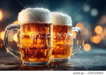 Two Frosty Beer Mugs with Foamy Tops in Festive Bokeh Atmosphere - Celebratory Beverage Stock Photo Generative AI 138728993