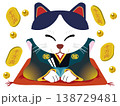 商売繁盛！お辞儀する「福助猫」と千両小判の縁起物イラスト 138729481