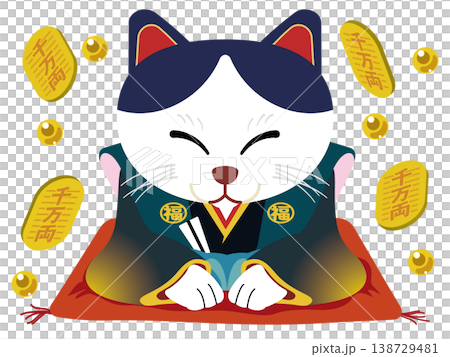 Good fortune in business! An auspicious illustration of a bowing "Fukusuke cat" and a thousand-ryo gold coin. Good fortune in business! An auspicious illustration of a bowing "Fukusuke cat" and a thousand-ryo gold coin. 138729481