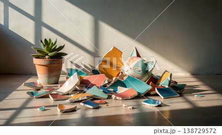 割れた陶器の破片と猫のオブジェ（アート・コンセプト・再生・修復） 138729572