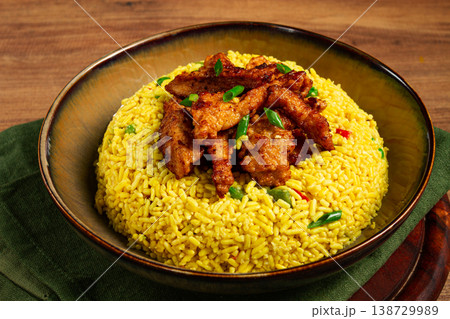 crispy chicken fillet in soy sauce, with fried rice, homemade, no people, 138729989