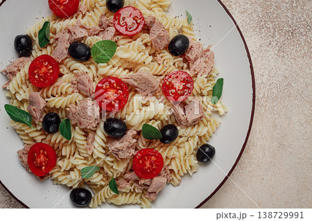 Tuna salad, fusilli pasta, olives and cherry, olive oil, homemade, Tuna salad, fusilli pasta, olives and cherry, olive oil, homemade, 138729991