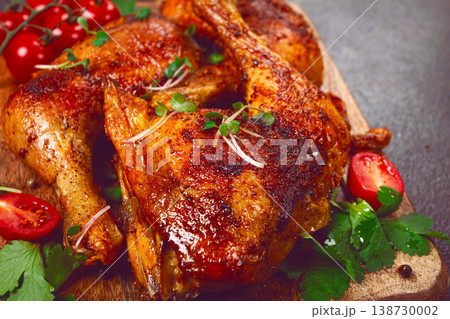 grilled fried chicken legs, served with fresh cherry tomatoes, and herbs, on a wooden chopping board, homemade, no people, 138730002