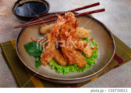shrimp in tempura, deep fried, with soy sauce, close-up, top view, without people, shrimp in tempura, deep fried, with soy sauce, close-up, top view, without people, 138730021
