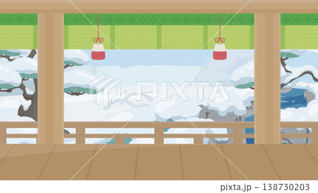 室内から日本庭園を見ている寝殿造の背景イラスト_冬_16:9 138730203