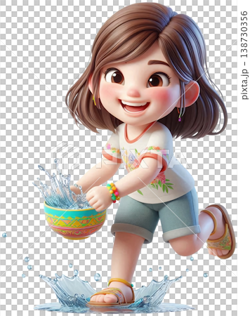 A cute teenage girl in a simple outfit splashing water with a bowl, cheerful expression, Songkran theme 138730356
