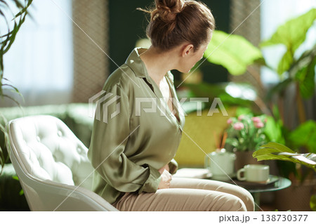 Woman with Abdominal Discomfort in Cozy Living Room Woman with Abdominal Discomfort in Cozy Living Room 138730377