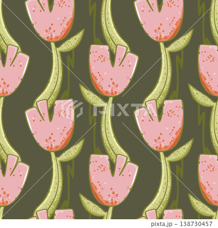 Vector seamless abstract floral pattern. Pink flowers on dark green background Vector seamless abstract floral pattern. Pink flowers on dark green background 138730457
