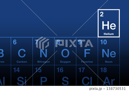 Helium element on periodic table. Chemical element with atomic number 2 and symbol He, from Greek helios for sun. Inert, monatomic, noble gas, 2nd most abundant in the universe after hydrogen. Vector Helium element on periodic table. Chemical element with atomic number 2 and symbol He, from Greek helios for sun. Inert, monatomic, noble gas, 2nd most abundant in the universe after hydrogen. Vector 138730531