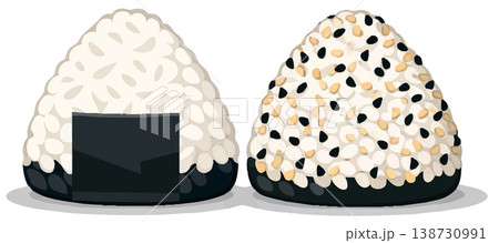 Japanese Onigiri Rice Balls, Classic Nori and Sesame Seed Variations on White Background Japanese Onigiri Rice Balls, Classic Nori and Sesame Seed Variations on White Background 138730991