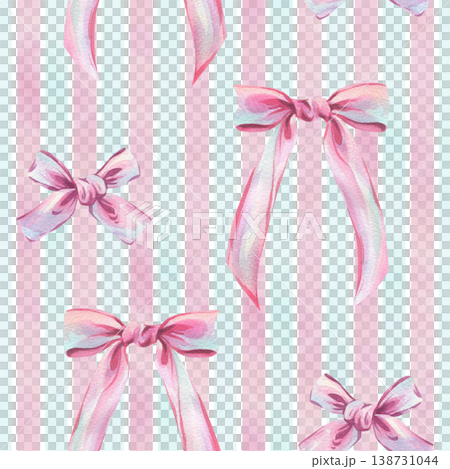 Watercolor seamless pattern with pink silk bows on striped background. Cute decorative ribbon print for girlish textile, wrapping paper, stationery design, baby shower and birthday party. Watercolor seamless pattern with pink silk bows on striped background. Cute decorative ribbon print for girlish textile, wrapping paper, stationery design, baby shower and birthday party. 138731044