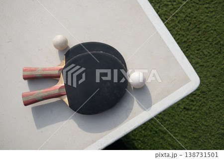 Top view table tennis paddles and balls on table Top view table tennis paddles and balls on table 138731501