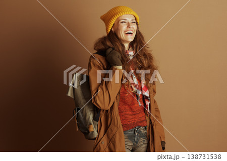 Joyful Woman Laughing with Green Backpack Joyful Woman Laughing with Green Backpack 138731538
