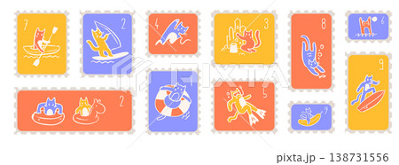 Summer cat activities postage stamps set. Cute funny kitty characters surfing, swimming and relaxing on colorful vintage postmarks. Quirky hand drawn vector illustration collection for travel sticker. 138731556