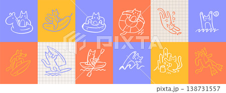 Summer cat activities doodle set. Cute funny white kitty characters surfing, swimming and relaxing on colorful square background. Quirky hand drawn vector illustration collection for beach vacation. 138731557
