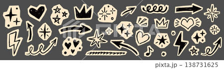 Scrapbook collage sticker element set. Hand drawn paper cut collage with crayon doodle line brush texture. Cute planner craft template design with heart circle arrow star label frame. Vector 138731625