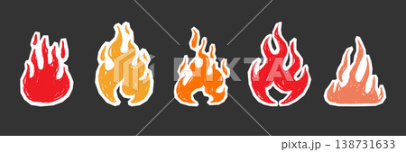 Flame fire icon doodle set. Hand drawn flame fire brush stroke grunge chalk texture shape graphic. Hot explosion blast energy smoke spray sticker punk tattoo burst. Vector Flame fire icon doodle set. Hand drawn flame fire brush stroke grunge chalk texture shape graphic. Hot explosion blast energy smoke spray sticker punk tattoo burst. Vector 138731633