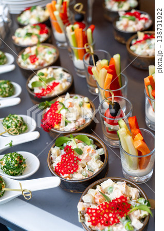 Assorted gourmet appetizers, vegetable sticks, and salads Assorted gourmet appetizers, vegetable sticks, and salads 138731922