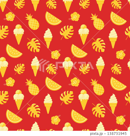Summer seamless pattern with butter yellow ice cream watermelon and monstera leaves on red vector illustration. 138731945