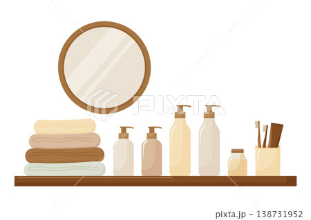 Bathroom shelf with organic skincare cosmetic bottles on white background vector illustration. Bathroom shelf with organic skincare cosmetic bottles on white background vector illustration. 138731952