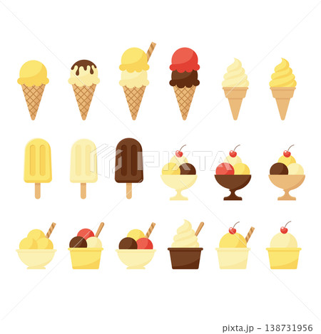 Ice cream set with waffle cones popsicles and sundae bowls isolated vector illustration. Ice cream set with waffle cones popsicles and sundae bowls isolated vector illustration. 138731956