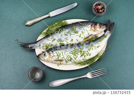 Salted Herring with Fresh Dill and Chives on Plate 138732435