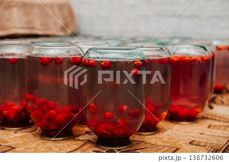 Canned cherry compotes. Freshly prepared. The jars must be turned over Canned cherry compotes. Freshly prepared. The jars must be turned over 138732606