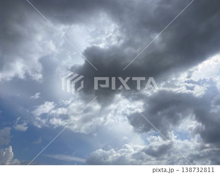 Cloudy sky photo with dramatic sunlight beams 138732811