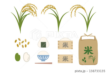 稲穂とお米のシンプルな装飾イラストセット　日本食　和食　ごはん　米袋　おむすび 138733135
