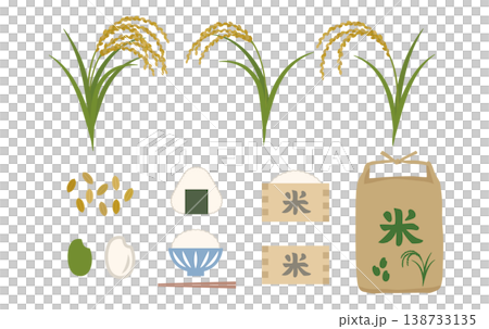 稲穂とお米のシンプルな装飾イラストセット　日本食　和食　ごはん　米袋　おむすび 138733135