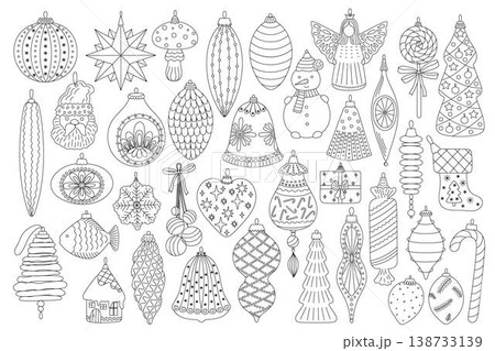 Christmas tree baubles set festive decor in different forms doodle outline hand drawn simple vector illustration for winter holidays seasonal greeting card, invitation, sticker, line art clipart 138733139
