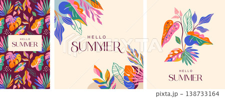 Exotic Hello Summer backgrounds with colorful jungle leaves. Modern tropical banner and poster 138733164