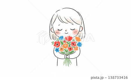 花束を抱えて微笑む女の子のイラスト 感謝や母の日のメッセージ素材 138733416