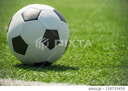 Soccer ball on green grass field close up sport background 138733450