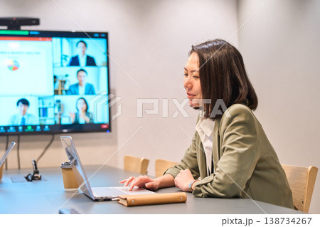 リモートメンバーとハイブリッド会議をするの女性 138734267