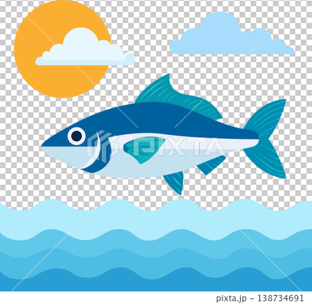 Fish swimming in ocean under sun and clouds with swimming wildlife illustration tropical underwater creature stylized movement recreation adventure vacation Fish swimming in ocean under sun and clouds with swimming wildlife illustration tropical underwater creature stylized movement recreation adventure vacation 138734691