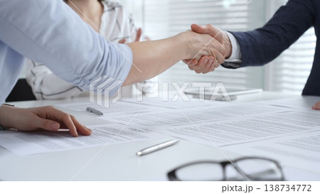 Business executives shaking hands, sealing an agreement after successful negotiations in a bright office, symbolizing partnership, collaboration, and a mutually beneficial deal signing Business executives shaking hands, sealing an agreement after successful negotiations in a bright office, symbolizing partnership, collaboration, and a mutually beneficial deal signing 138734772
