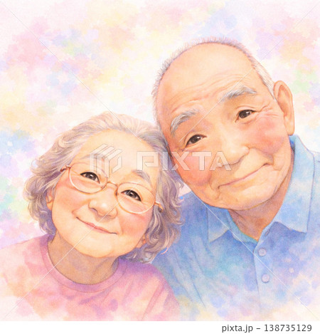 虹色パステルに包まれた幸せな老夫婦　癒やしの水彩アート　家族愛 138735129