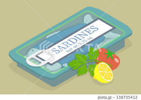 3D Isometric Flat Vector Illustration of Sardine Can, Mediterranean Food 3D Isometric Flat Vector Illustration of Sardine Can, Mediterranean Food 138735412