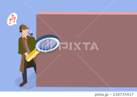 3D Isometric Flat Vector Illustration of Mystery Detective, Detective Uncovering A Mystery Behind A Wall. 3D Isometric Flat Vector Illustration of Mystery Detective, Detective Uncovering A Mystery Behind A Wall. 138735417