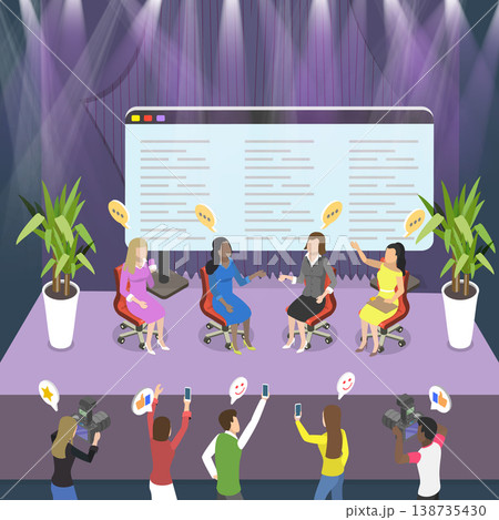 3D Isometric Flat Vector Illustration of Debates, Speakers Presenting At Science Forum On Auditorium Stage In Front Of Live Audience 3D Isometric Flat Vector Illustration of Debates, Speakers Presenting At Science Forum On Auditorium Stage In Front Of Live Audience 138735430