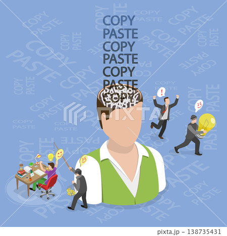 3D Isometric Flat Vector Illustration of Plagiarism, Person Brain Loading With Copy Paste 138735431