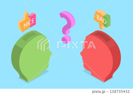 3D Isometric Flat Vector Illustration of Cognitive Perception, Two Viewpoints On A Single Issue, Metaphor From Psychology. 138735432