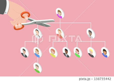 3D Isometric Flat Vector Illustration of Company Reduce, Cutting Non-Performing Jobs From Organizational Chart Divisions 138735442