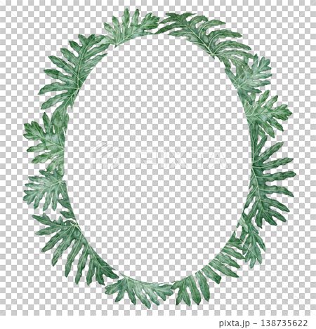 Watercolor tropical leaves oval wreath. Hand drawn green foliage ellipse with detailed texture and Monstera plant form. Floral design for garden card. Nature greenery template for botanical art. Watercolor tropical leaves oval wreath. Hand drawn green foliage ellipse with detailed texture and Monstera plant form. Floral design for garden card. Nature greenery template for botanical art. 138735622