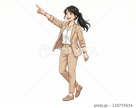 ベージュのスーツを着た女性　斜め上を指差す　生成AI素材 138735634