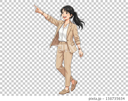 ベージュのスーツを着た女性　斜め上を指差す　生成AI素材 138735634