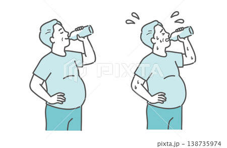 水分補給をするぽっちゃり体型のシニア男性の比較セットイラスト 138735974