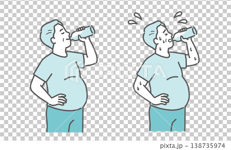 水分補給をするぽっちゃり体型のシニア男性の比較セットイラスト 138735974